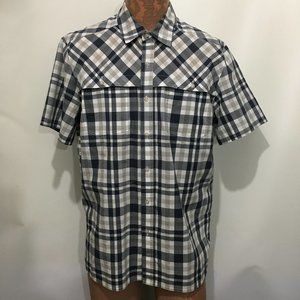L.L. Bean L Black Beige Plaid Short-Sleeve Cotton Blend Shirt